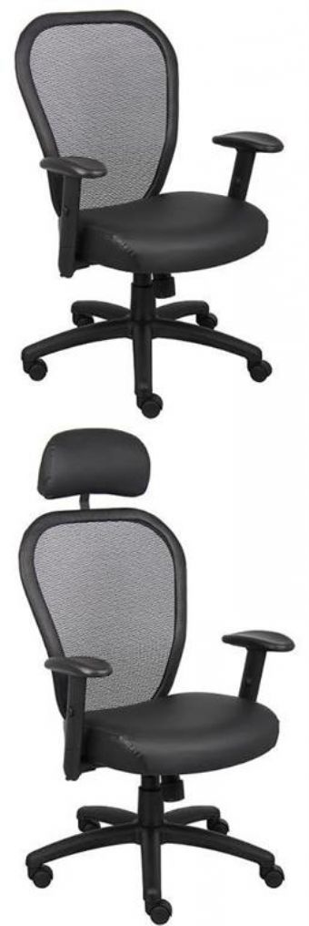 B6808 Boss Mesh Back Task Chair with Optional Headrest (Black Frame/Black LeatherPlus Seat)