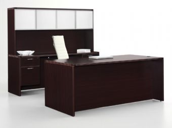 Fairplex Collection Executive Desk with Credenza & 4-Door Hutch (Mahogany)