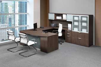 Classic Laminate Series Executive Bow Front U-Unit with Frosted Modesty Panel (Modern Walnut)