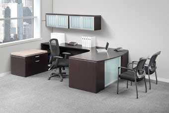 Elements Step-Front L-Shape Desk with Frosted Glass Modesty Panel (Espresso)