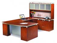 Titanium Collection U-Shape Workstation with Hutch & Dotted Modesty Panel (Cognac/Maple Edge/Titanium Tacking)