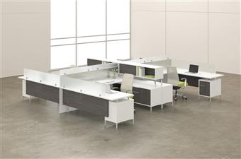 TeamWorx Station for 4 with Credenzas & Pedestals (Regal White & Tenino Grey)