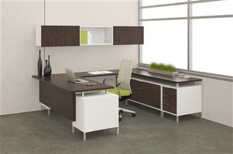TeamWorx U-Shape with Credenza & Overhead (Regal White & Black Forest Walnut)