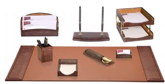 Dacasso 8 Piece Brown Crocodile Embossed Leather Desk Set 