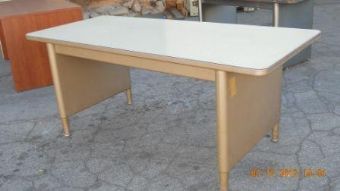 Vintage Tanker Table with Panel Legs in Beige